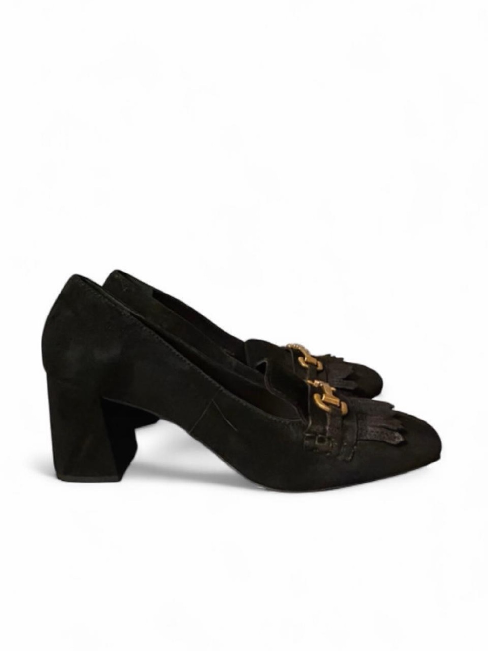 Boden Black Suede Block Heel Loafers with Gold Accent